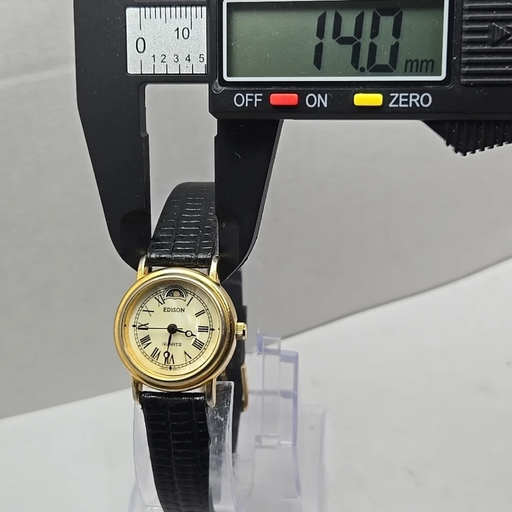 Womens Vintage Edison Moon Phase MOP 24mm Quartz Watch Gold Black New Battery